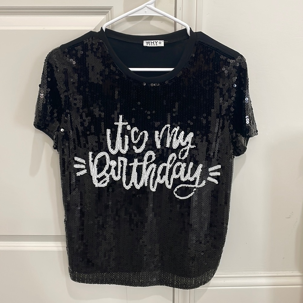 “It’s my birthday” black sequin party going out top size small